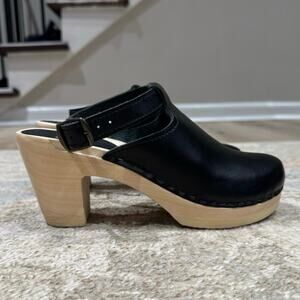 Sven Original Halter Top Black Leather High Heel Wood Clogs Made in USA